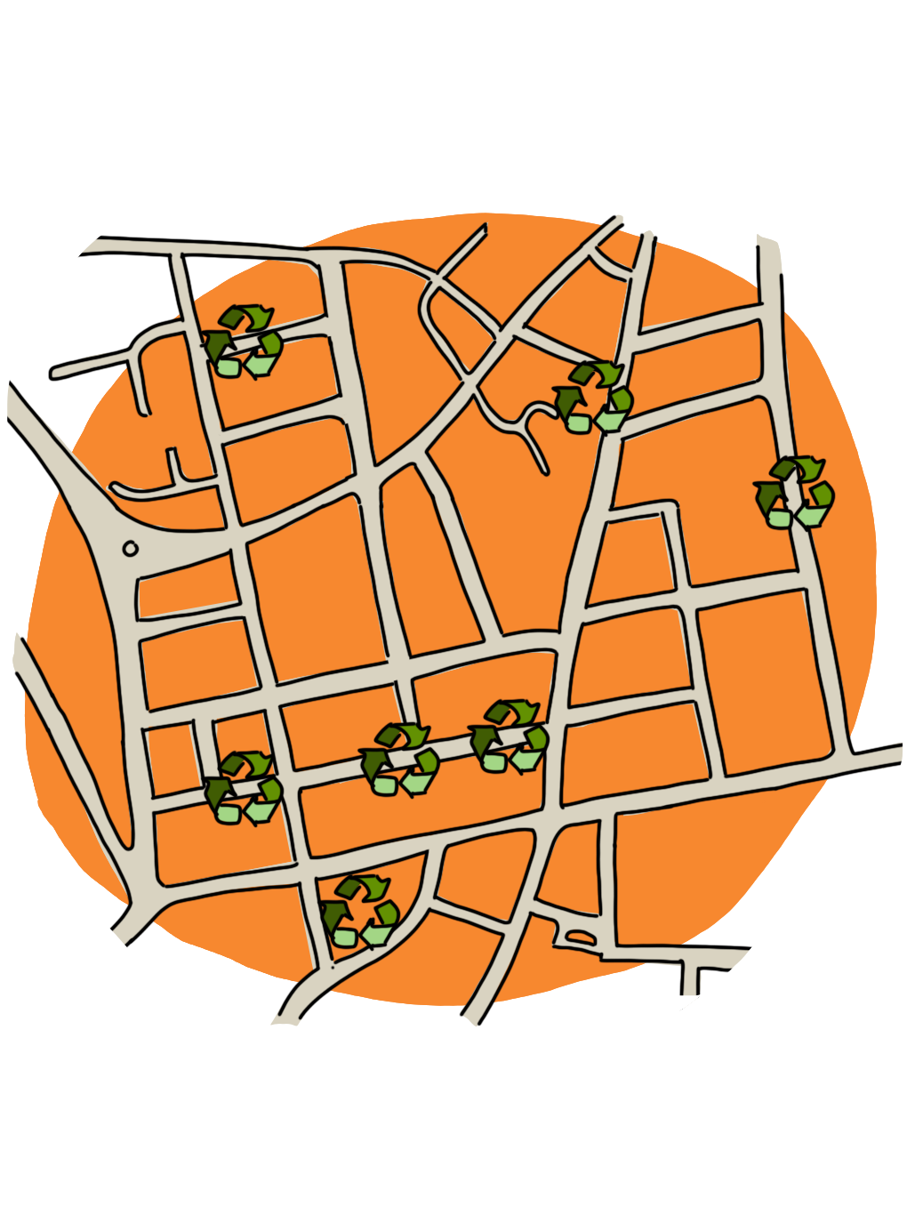 illustration of street grid with recycling points