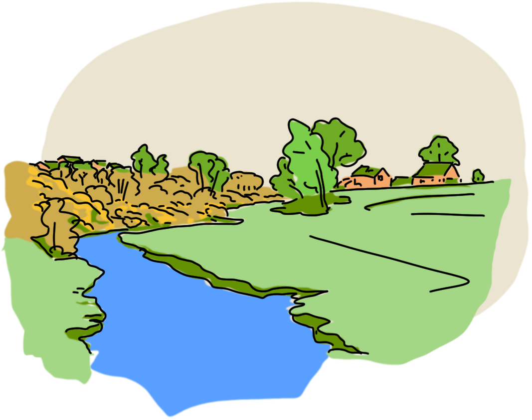 Illustration of nature scene with river running down in a landscape
