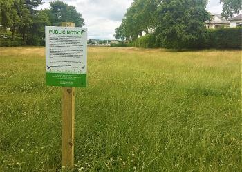 Biodiversity grassland area in the east end of Dundee with public notice.