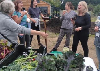 Group chatting over vegetable stall